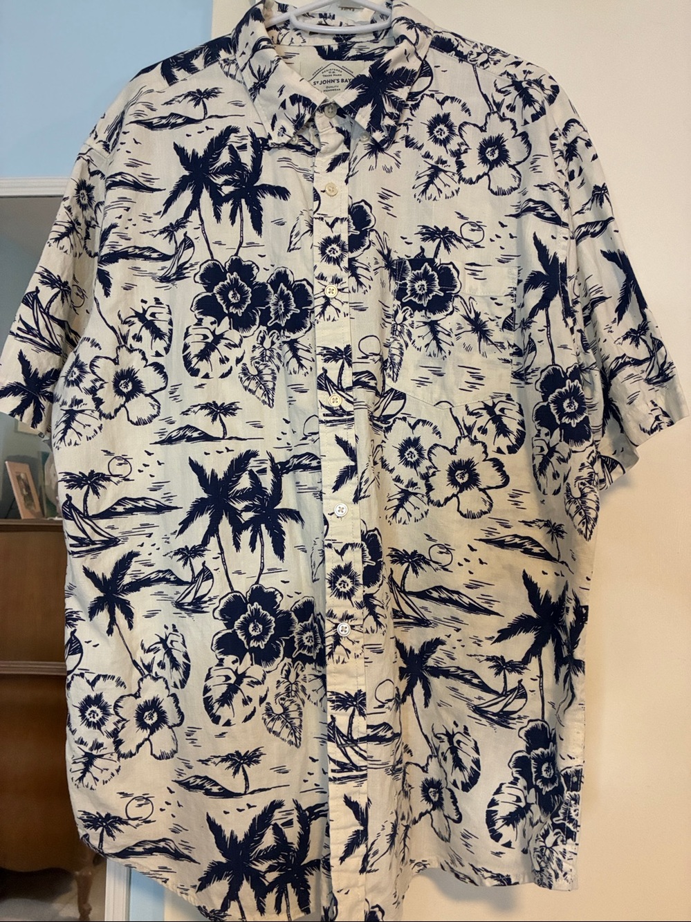 St. John's Bay Navy Floral Palm Hawaiian Button-Up